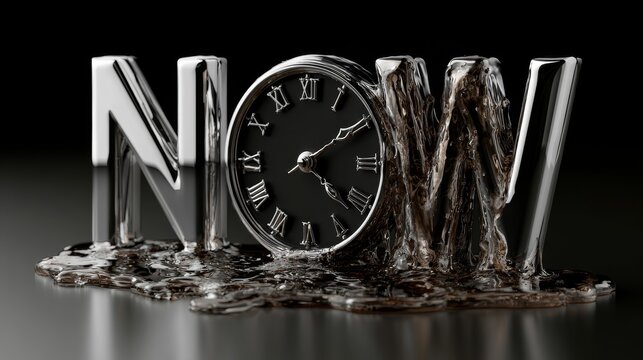 NOW moment of opportunity clock letters concept art metallic urgency