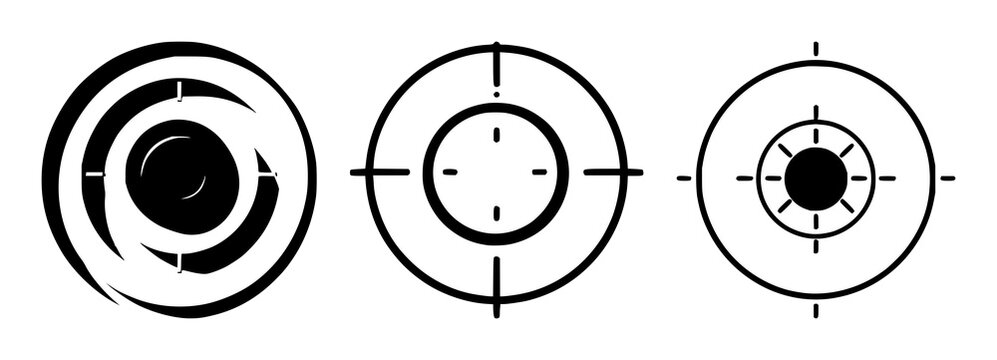 Mission target bullseye icon set with solid black fill and simple shape featuring aiming, accuracy, goal with dartboard and hit