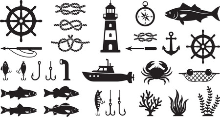 Nautical and Fishing Silhouettes Set – Lighthouse, Anchor, Ship Wheel, Fish and Marine Icons Vector Collection © Open Expression