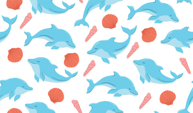Cute Dolphin Seamless Pattern with Seashells. Creative texture for fabric, wrapping, textiles, wallpaper, and apparel. Vector illustration