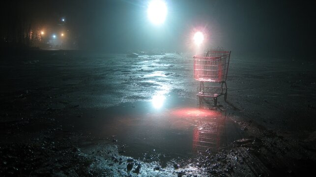 Abandoned shopping cart in dark puddle reflecting artificial neon street light at night