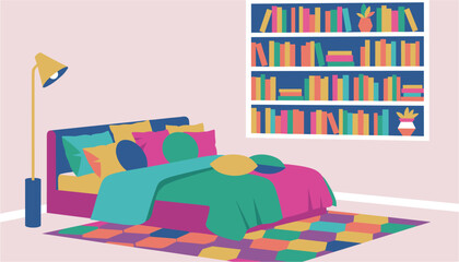 Colorful children's bedroom with bookshelf and cozy bed setup © MD RIYAUL ISLAM