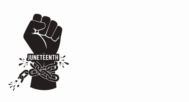 Juneteenth fist symbol vector illustration with broken chains representing freedom and emancipation. Juneteenth celebration graphic for awareness and education.