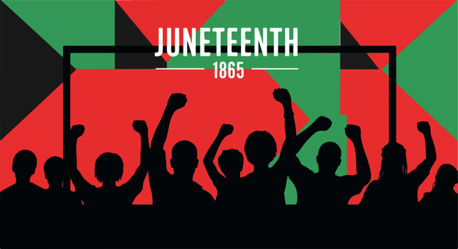 Juneteenth 1865 celebration with raised fists and vibrant colors. Juneteenth freedom day commemorates emancipation with jubilant crowd. Juneteenth event for awareness and remembrance.