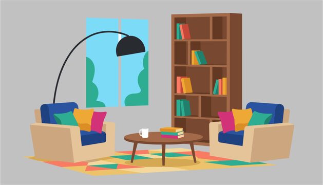 Cozy colorful home library corner with bookshelf and reading nook