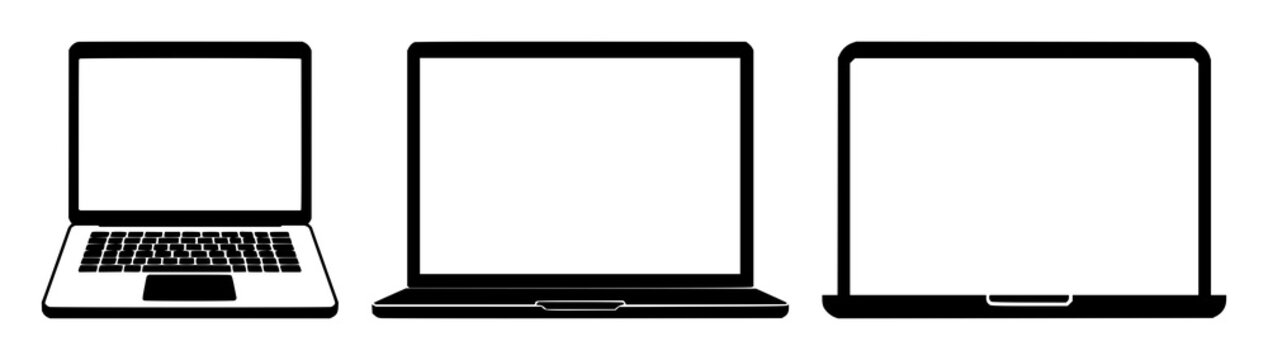E-learning laptop icon set with solid black outline on white background featuring e-learning, laptop, icon with digital and education