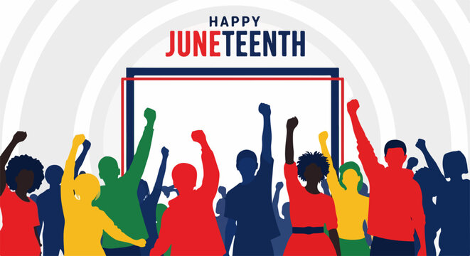 Happy Juneteenth celebration vector illustration with diverse people raising fists in unity and freedom. Juneteenth commemorates emancipation, a symbol of liberation and community spirit.
