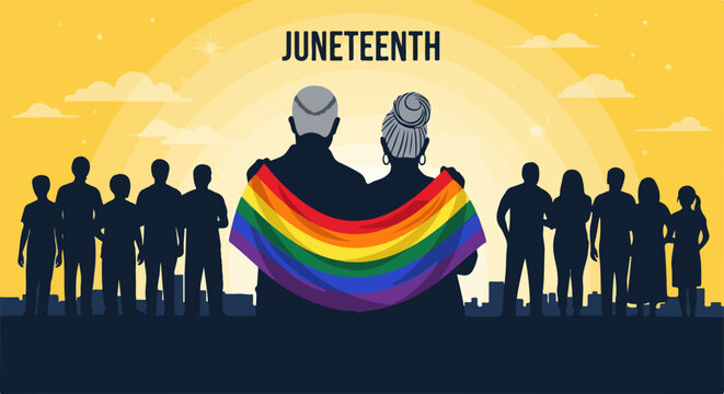 Juneteenth celebration with diverse community embracing rainbow flag symbolizing unity and freedom. Juneteenth event honoring emancipation and Black history.