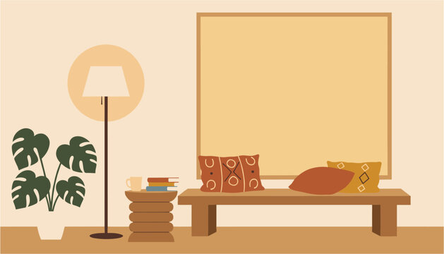 Minimalist classroom scene with chalkboard, books, and wooden table