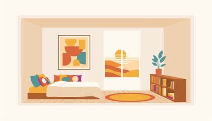 Cozy bedroom interior with colorful abstract art, bed, and bookshelf © MD RIYAUL ISLAM