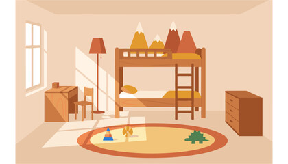 Fototapeta premium Cozy children's bedroom with bunk bed and play area featuring toy animals and rug