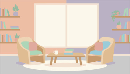 Cozy armchairs with coffee table in a bright living room with bookshelves © MD RIYAUL ISLAM