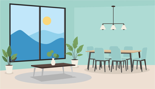 Modern classroom with large windows showing mountain landscape and natural sunlight