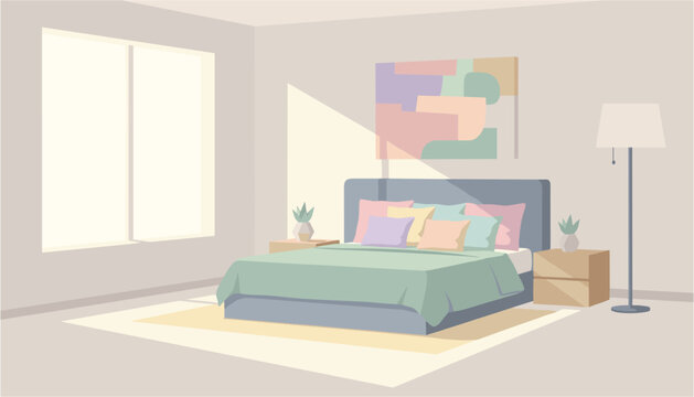 Modern bedroom with cozy bed and abstract wall art under sunlight