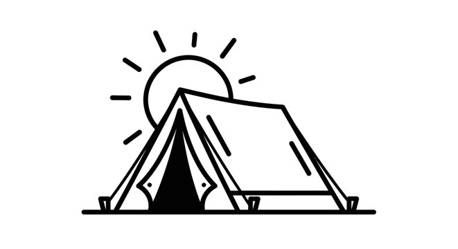 Camping tent icon with sun. Outdoor adventure, summer camp, and glamping symbol in bold line style