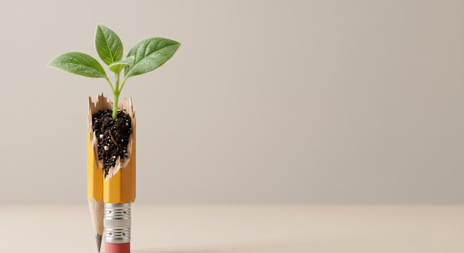Small green plant growing out of a broken pencil, creative growth and sustainability concept