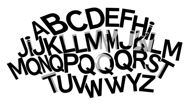 Abstract alphabet typography with glitch effect. Creative scrambled letters background in black and white.