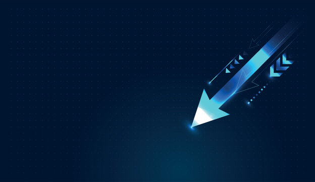 A glowing blue arrow points sharply down, symbolizing a sudden fall in Business Finance performance. and Multiple arrows following a downward path reflect a decreasing