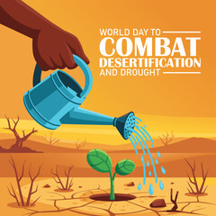World Day to Combat Desertification and Drought banner with Hand holding a watering pot , watering the seedlings in dry areas and then hot deserts vector design © MD ABDUL MATIN