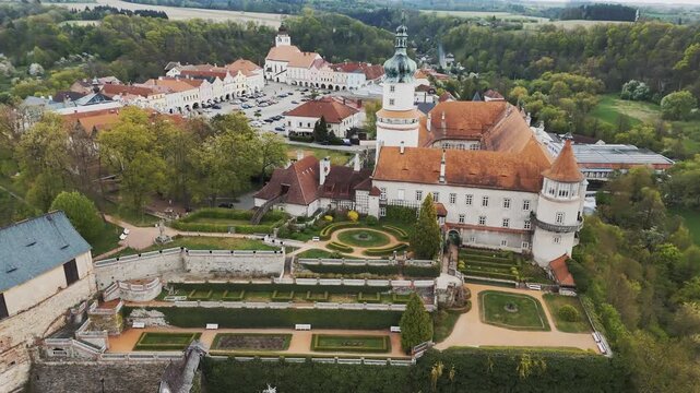 Aerial View of Nove Mesto nad Metuji Castle and Old Town Surrounded by Green Trees
