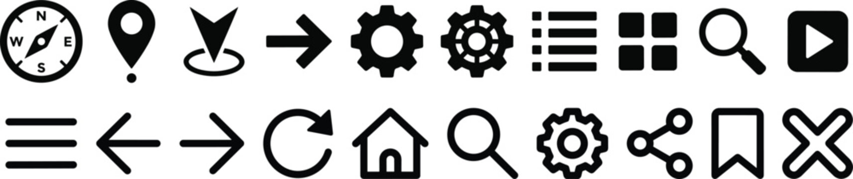 Collection of various black and white icons and symbols