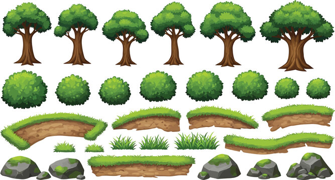 Set of cartoon trees bushes grass patches and rocks for game environment design in vector illustration format