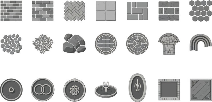 Set of garden paving patterns and landscape design elements in flat vector illustration for architectural site plans