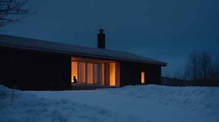 Fototapeta premium Cozy Home Glows at Dusk in Winter Landscape, Modern House with Warm Light and a Silhouetted Feline Companion on Snowy Evening