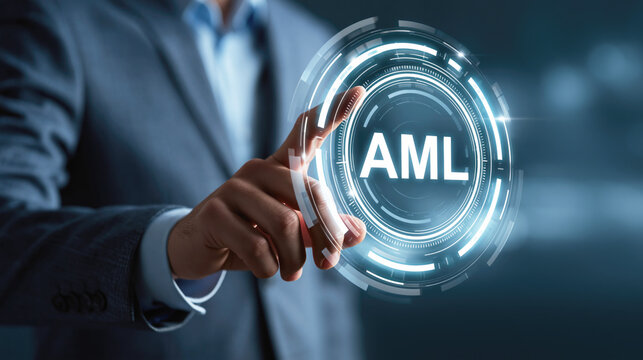 Business professional touching a futuristic AML hologram interface, symbolizing digital compliance, finance security and anti money laundering technology.