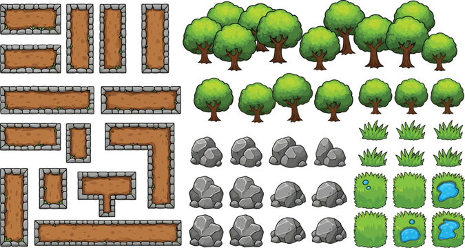 Top down game assets set with stone walls, green trees, rocks, grass patches and water tiles vector