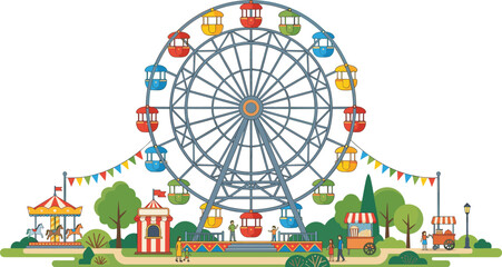 Colorful amusement park scene with giant ferris wheel carousel food stalls and happy people enjoying a summer carnival outdoor festival vector illustration © Ratna