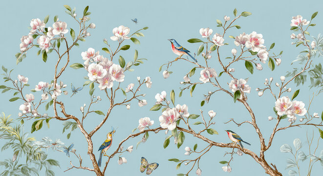 Illustrated flowering branches with small colorful birds and butterflies create an elegant vintage botanical scene on pale blue.