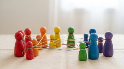 Obraz premium Colorful wooden figures connected with yarn strings representing teamwork and collaboration