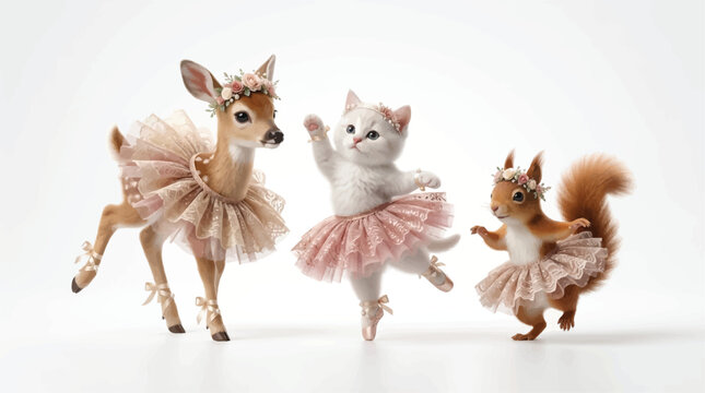 Three adorable woodland creatures including a baby deer a fluffy white kitten and a squirrel dressed in pink tulle ballet tutus posing as dancers