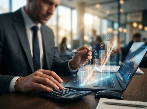 Interest rate growth financial analysis with percentage chart rising arrow on laptop and calculator showing investment planning profit increase and economic performance
