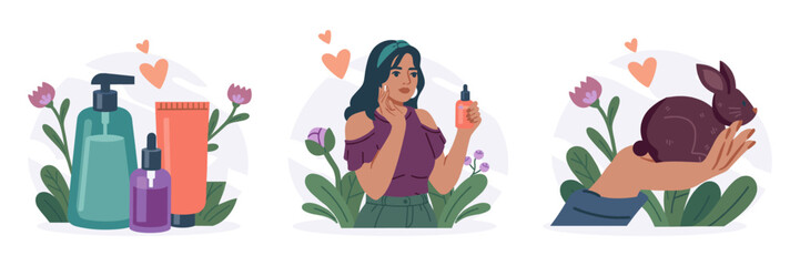 Skincare products woman holding serum bottle snail on hand anti aging flat design beauty product beauty routine skincare cosmetics botanical hydration treatment illustration © Domestock