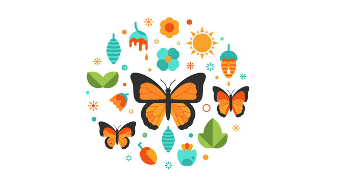 Butterfly Life Cycle Flat Vector Illustration Set with Monarch Butterflies, Chrysalis, Flowers, and Leaves in a Circular Design for Nature Education and Biology Themes