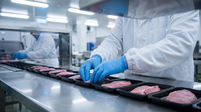 Factory worker in protective clothing packaging raw meat portions on a conveyor belt in a food processing plant.