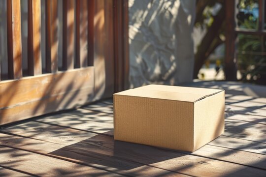 Cardboard box placed on wooden surface near an entrance with shadows from nearby greenery and sunlight