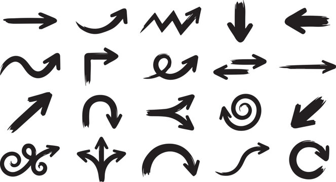 Collection of hand-drawn minimalist brush stroke arrow silhouettes. Sketched directional icons and doodle pointers isolated on white background.