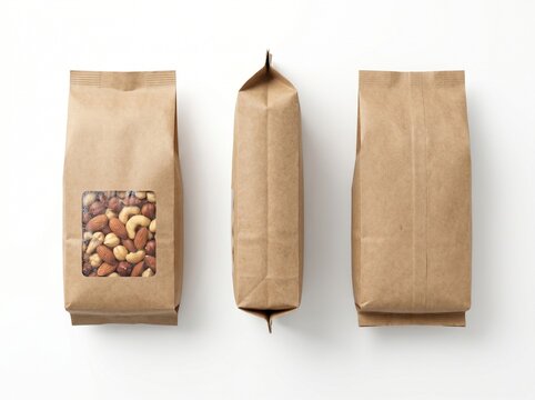 kraft paper bag with window mixed nuts standing and side views product packaging mockup food