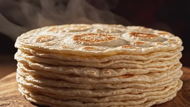Stack of fresh warm flour tortillas with light brown toasted spots placed on a rustic wooden board with steam rising from the top against a dark and atmospheric background.
