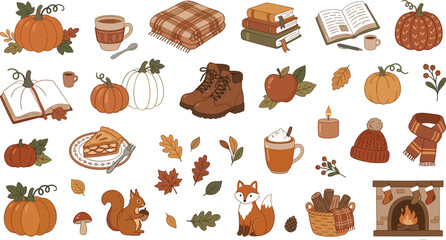 Autumn season elements cozy blanket book pie pumpkins and warm drinks