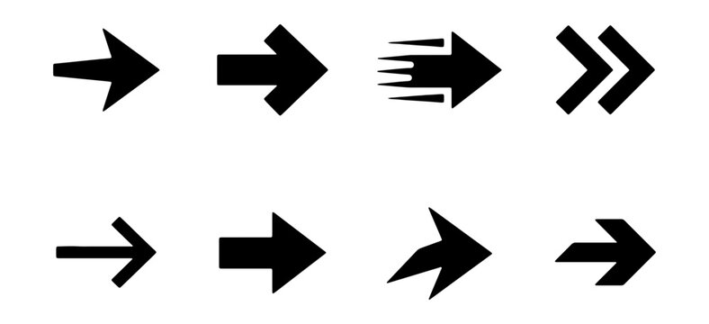 Black Arrow Icons Set: Directional Navigation Symbols, Pointer Cursors, Forward Movement Graphics