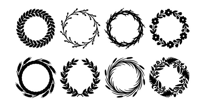 Decorative Wreaths, Floral Circles, Laurel Branches, Vector Design Elements