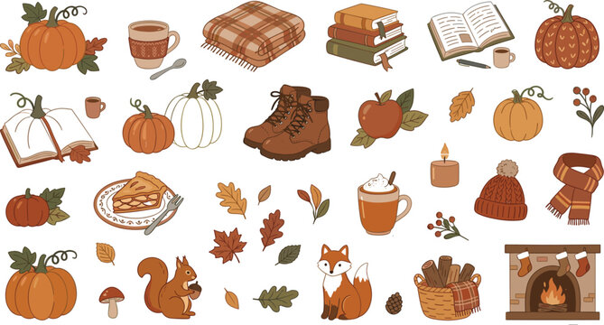 Autumn season elements cozy blanket book pie pumpkins and warm drinks