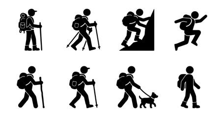 Fototapeta premium Hiking Icon Set, Backpacking Silhouette Collection, Outdoor Activity Vector Graphics