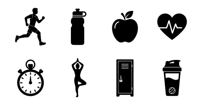 Fitness Icons Set: Running Man, Water Bottle, Apple, Heartbeat, Stopwatch, Yoga Pose, Locker, Shaker