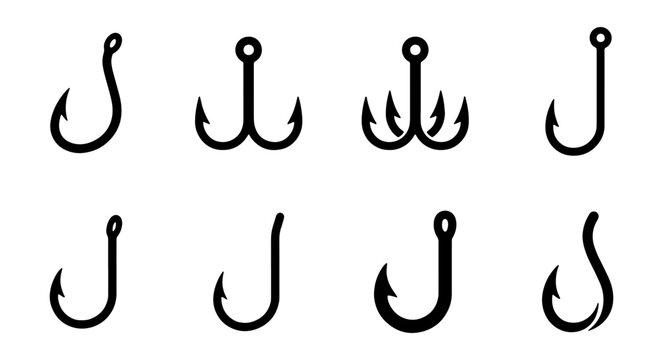 Fishing Hooks Vector Icons Set, Single Barb, Double Treble Hooks, Angling Gear, Black and White Simple Shapes