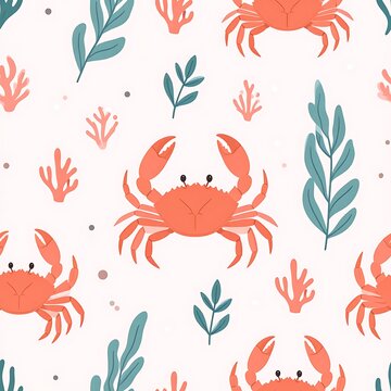 A vibrant pattern of cartoon crabs and seaweed on white background